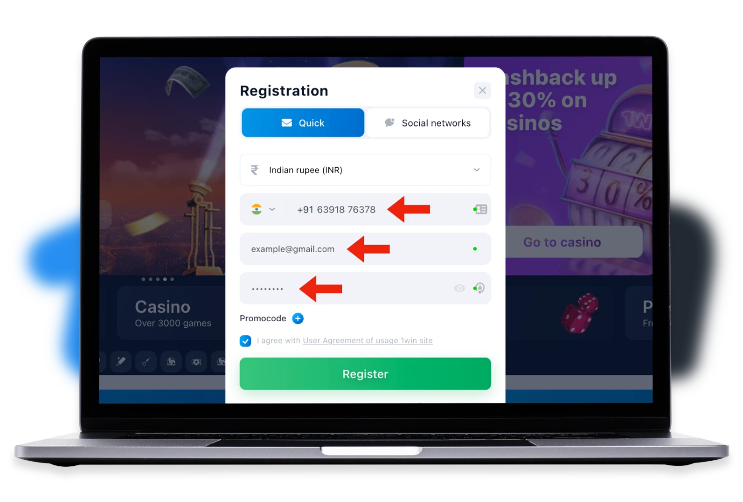 During registration at 1win you need to fill in contact information
